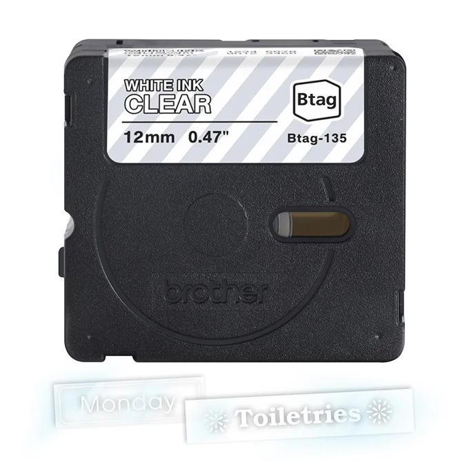 Brother Btag-135 labeling tape cartridge with clear background and white ink, 12mm width
