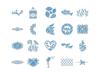 Collection of blue decorative cutting patterns including florals, frames, and holiday designs