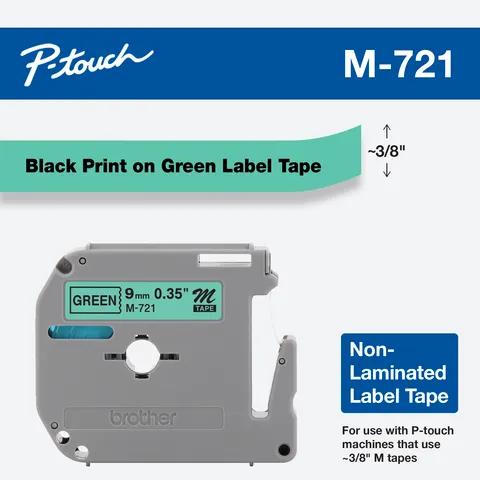 Brother P-touch M-721 non-laminated label tape cartridge with black text on green background