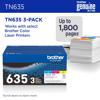 Brother TN635 3-pack high-yield toner cartridges for color laser printers with printed pages