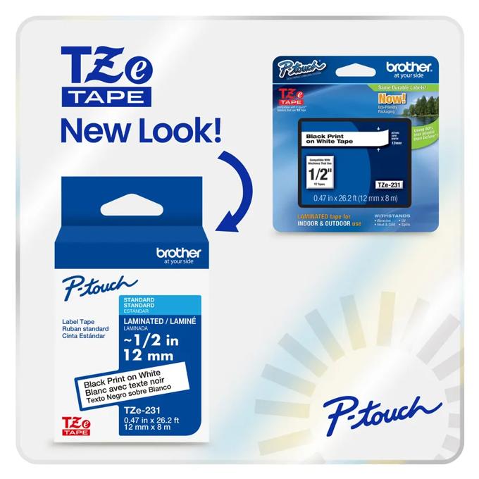 Brother P-touch TZe laminated label tape with new packaging design, black on white, 1/2 inch
