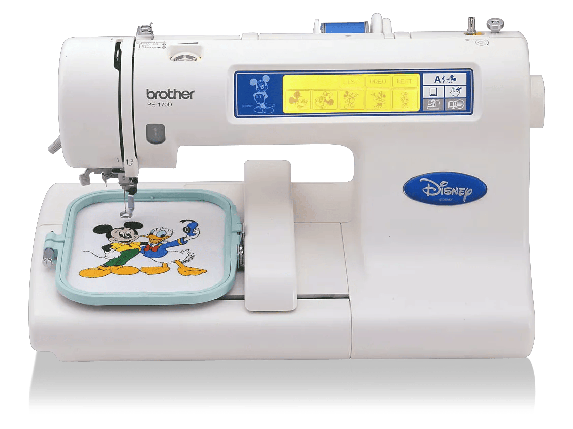 Brother PE-170D embroidery machine with Disney character designs and LCD touchscreen