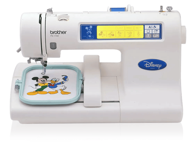 Brother PE-170D embroidery machine with Disney character designs and LCD touchscreen