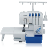 Overlock Brother 2104D con cuatro conos de hilo y diseño floral azul decorativo