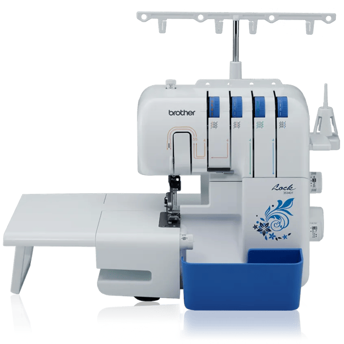 Overlock Brother 2104D con cuatro conos de hilo y diseño floral azul decorativo