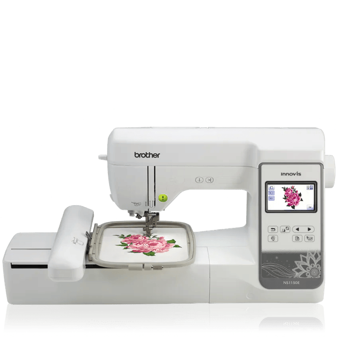Brother Innov-is NS1150E embroidery machine with floral design on hoop and touchscreen display