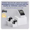 Brother QL-820NWBc wireless label printer with DK label rolls on white display blocks