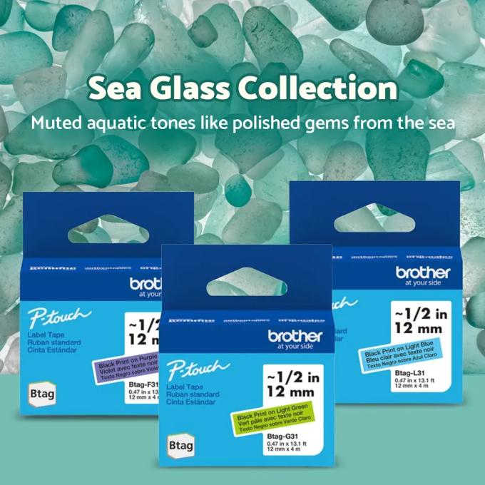 Brother Genuine BTAG 3-pack Non-Laminated Tape for P-touch Label Makers, Sea Glass Collection Black on Light Green, Black on Light Blue, Black on Purple – 12 mm wide x 4 m long, , large