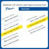 Brother P-touch laminated label tape samples in black, white, yellow, and clear colors