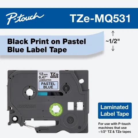 Cartucho de cinta de etiquetas laminadas Brother TZe-MQ531 con texto negro sobre fondo azul pastel