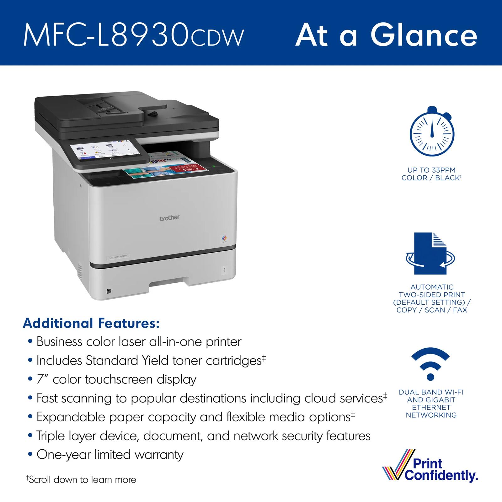 Brother MFC-L8930CDW color laser all-in-one printer with touchscreen and wireless connectivity