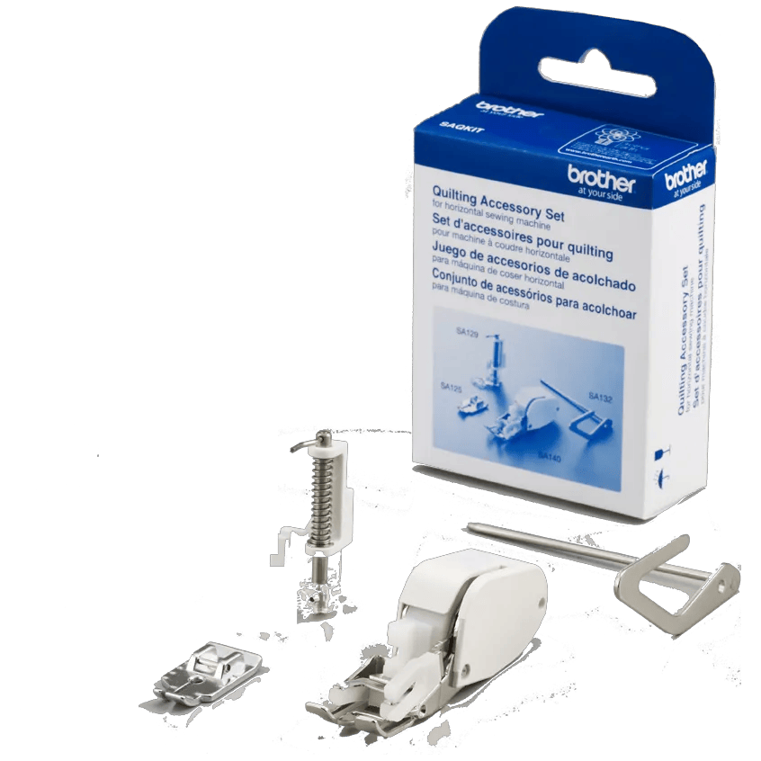 Brother quilting accessory set with multiple presser feet and sewing machine attachments
