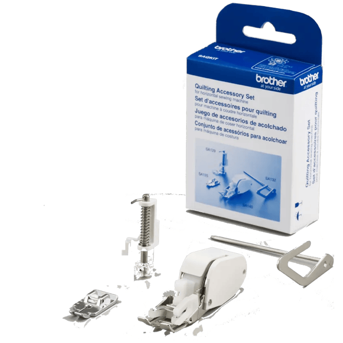 Brother quilting accessory set with multiple presser feet and sewing machine attachments