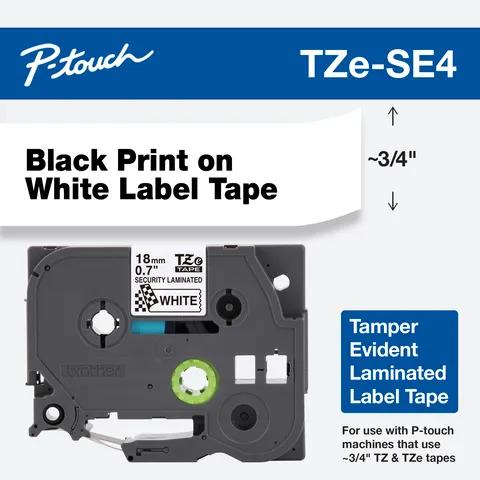 Cartucho de cinta de etiquetas laminadas de seguridad Brother TZe-SE4, negro sobre blanco, 18 mm