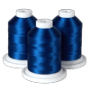 Three spools of blue embroidery thread on white bases for Brother sewing machines