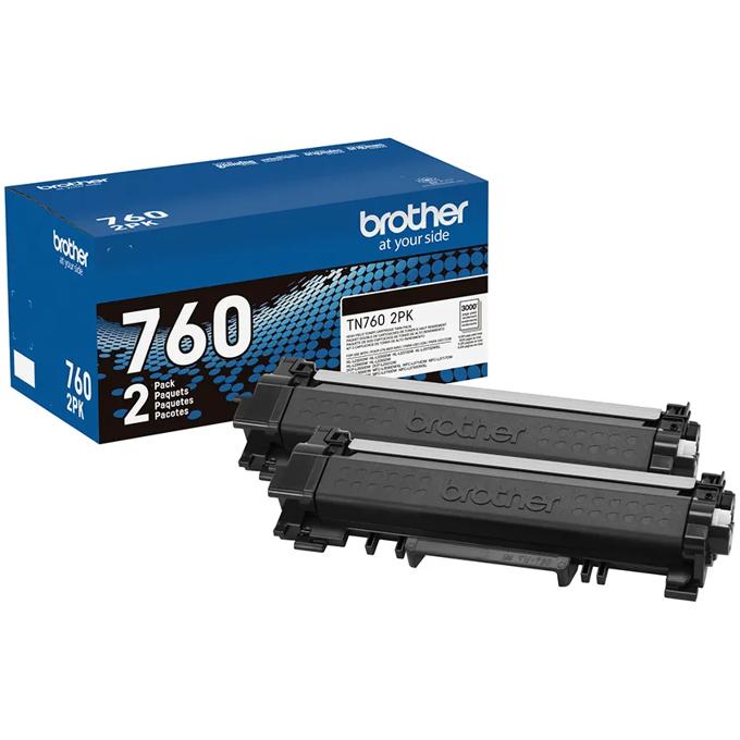 Brother TN760 2-pack black toner cartridges with retail packaging