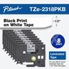 Brother TZe-2318PKB laminated tape 8-pack with black print on white, half-inch width