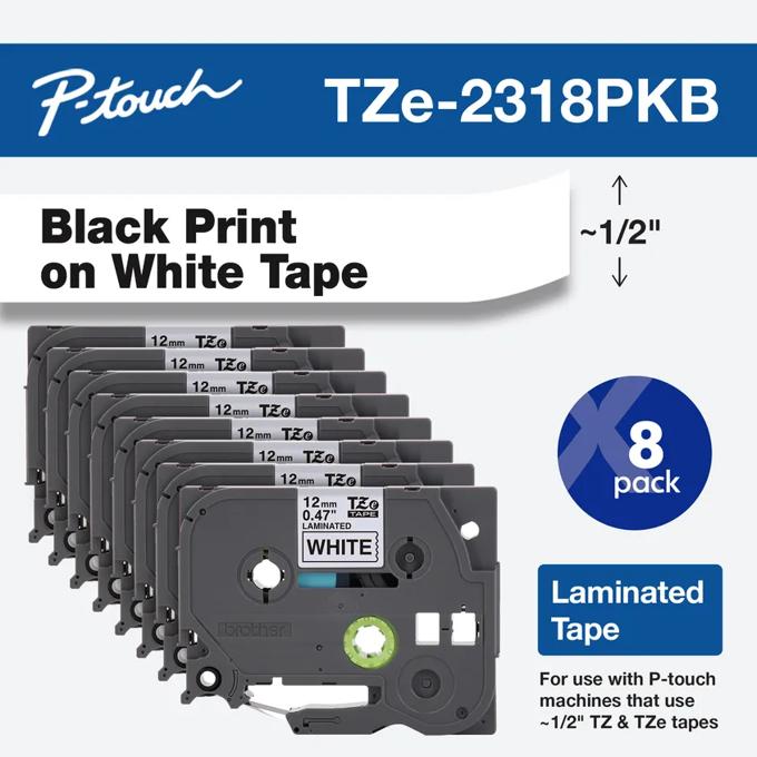 Brother TZe-2318PKB laminated tape 8-pack with black print on white, half-inch width