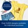 Yellow t-shirt with lion embroidery, jeans, and backpack showcasing Brother embroidery compatibility