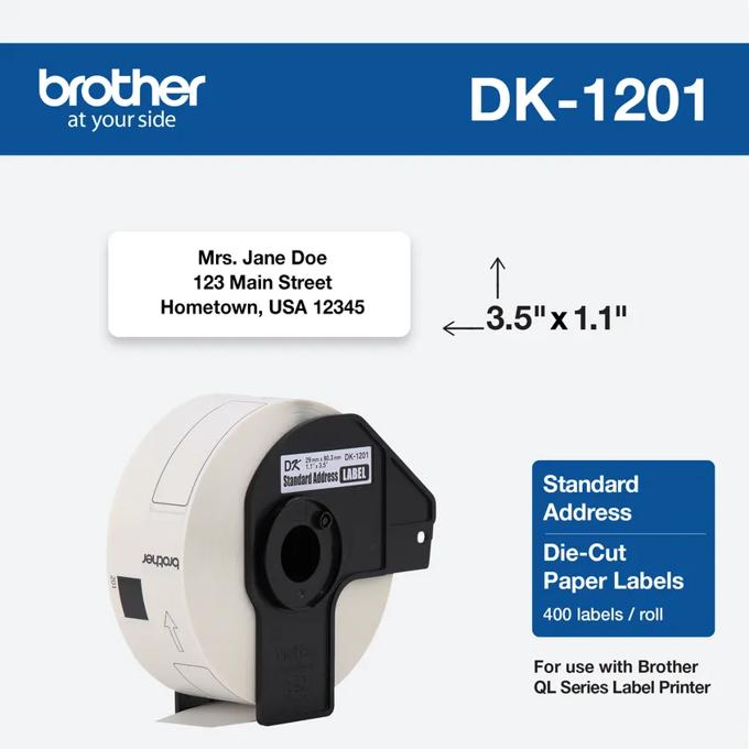 Brother DK-1201 standard address die-cut paper labels, 400 labels per roll