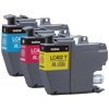 Brother LC402XL high-yield ink cartridges in cyan, magenta, and yellow