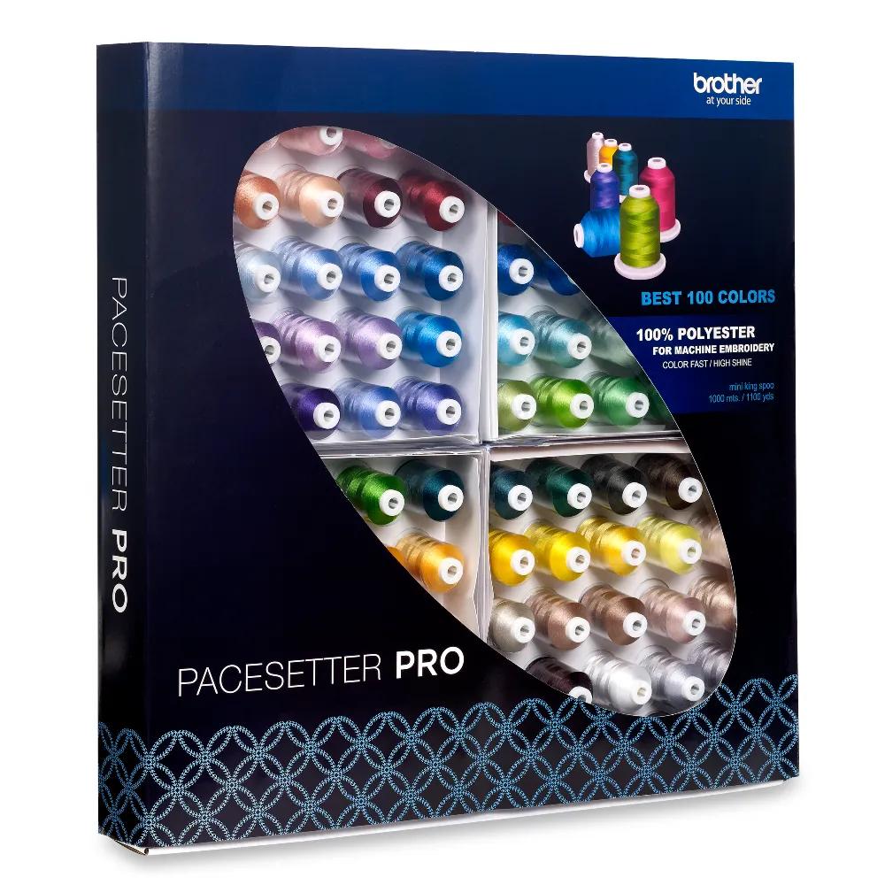Brother PaceSetter Pro 100-color polyester embroidery thread set in organized storage box