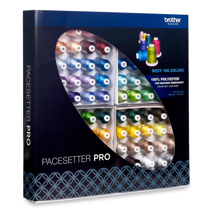 Brother PaceSetter Pro 100-color polyester embroidery thread set in organized storage box