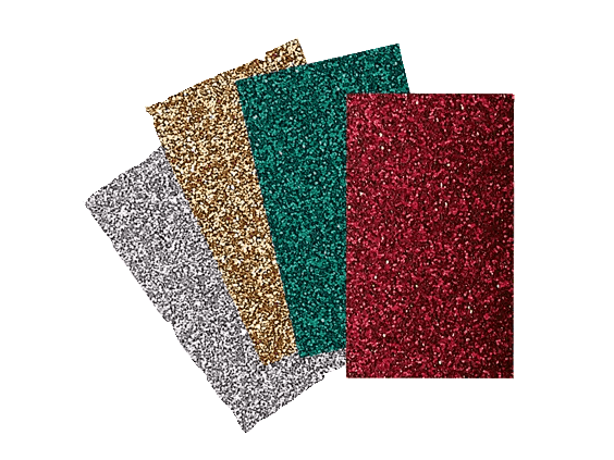Brother glitter heat transfer sheets in silver, gold, teal, and red for custom fabric designs