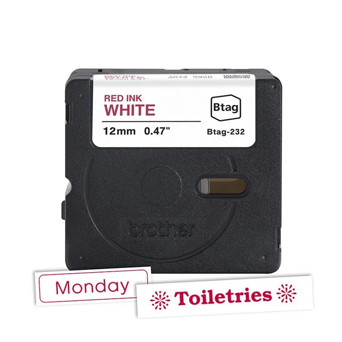 Brother Btag-232 label cartridge with white tape and red ink, 12mm width