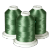 Three green embroidery thread spools on white bases