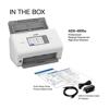 Brother ADS-4900W desktop scanner with touchscreen, setup guides, USB cable, and AC adapter