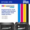 Brother BTD180 3-pack ink bottles with cyan, magenta, yellow, and black colors for INKvestment Tank printers