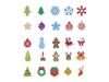 Colorful holiday icons including trees, snowflakes, ornaments, gingerbread figures, and stockings