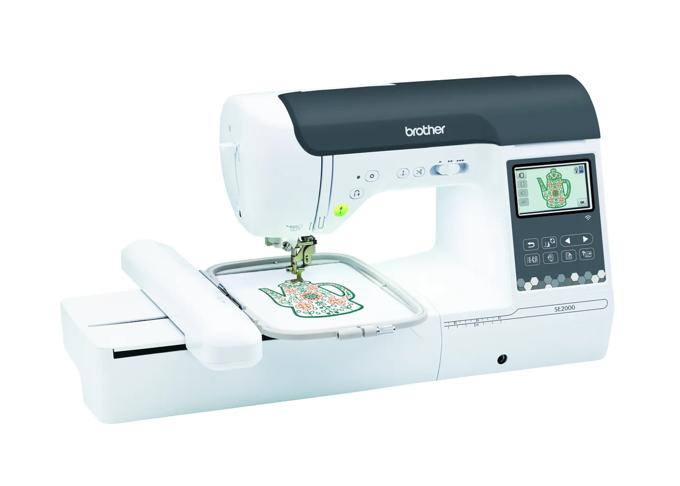 Brother SE2000 embroidery machine with touchscreen and teapot design in hoop