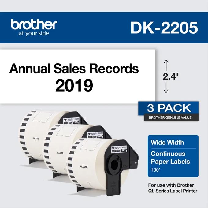 Brother DK-2205 continuous paper label rolls, 2.4-inch wide, 3-pack for QL series printers