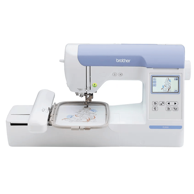 Brother PE800 embroidery machine with touchscreen and unicorn design in hoop