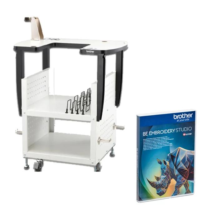 Brother embroidery machine stand with wheels and embroidery design software package