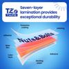 Brother TZe tape seven-layer lamination diagram showing durable construction with labeled components