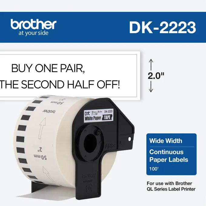 Brother DK-2223 continuous paper label roll, 2 inches wide, 100 feet long