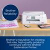 Brother all-in-one sublimation printer on desk with custom printed mug and t-shirt