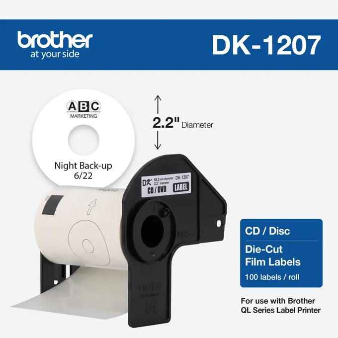 Brother DK-1207 CD/DVD die-cut film labels, 2.2-inch diameter, 100 labels per roll