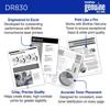 Brother DR830 drum unit with sample business documents showing high-quality monochrome printing