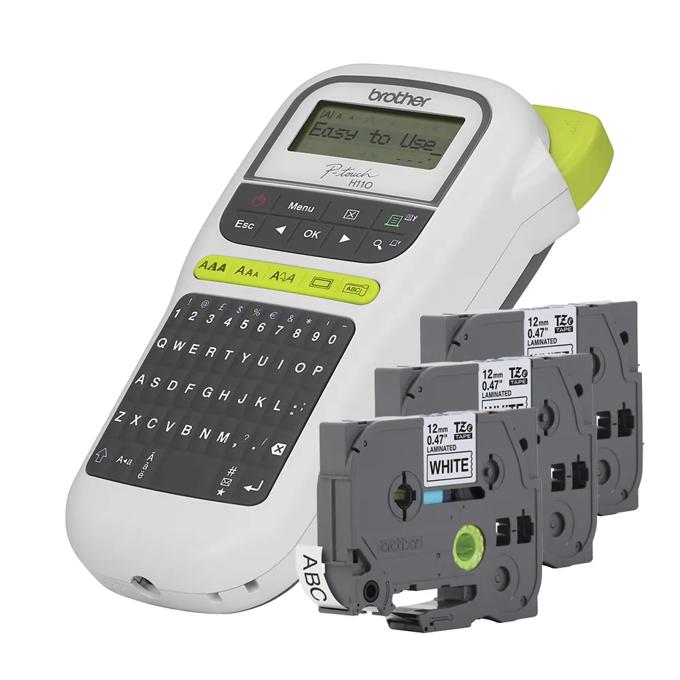 Brother P-touch H110 portable label maker with QWERTY keyboard and three laminated tape cassettes