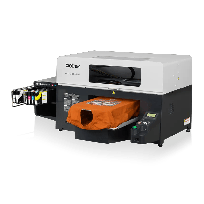 Brother GT-3 Series direct-to-garment printer printing an orange t-shirt with visible ink cartridges