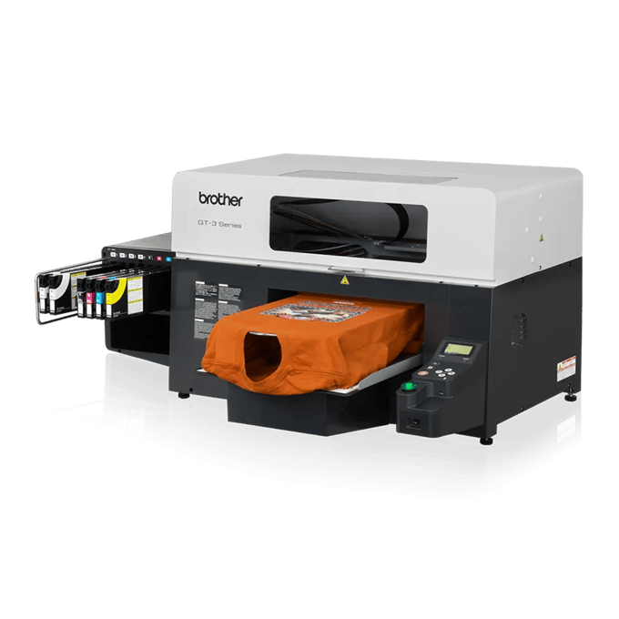 Brother GT-3 Series direct-to-garment printer printing an orange t-shirt with visible ink cartridges