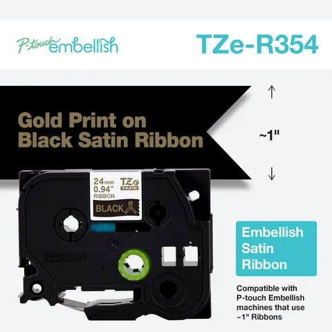 Brother TZe-R354 embellish satin ribbon cartridge with gold print on black, 24mm width