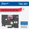 Brother TZe-421 laminated label tape cartridge with black text on red background, 3/8-inch width