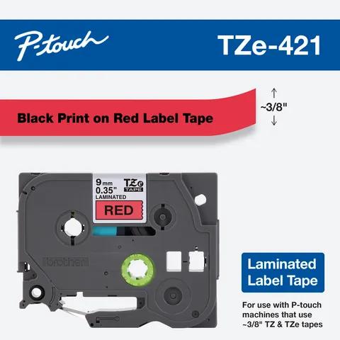 Brother TZe-421 laminated label tape cartridge with black text on red background, 3/8-inch width