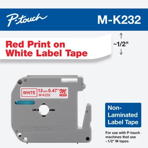 Brother M-K232 non-laminated label tape cartridge with red text on white, 0.47-inch width