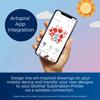 Hand holding smartphone displaying Artspira app with floral design templates for Brother sublimation
